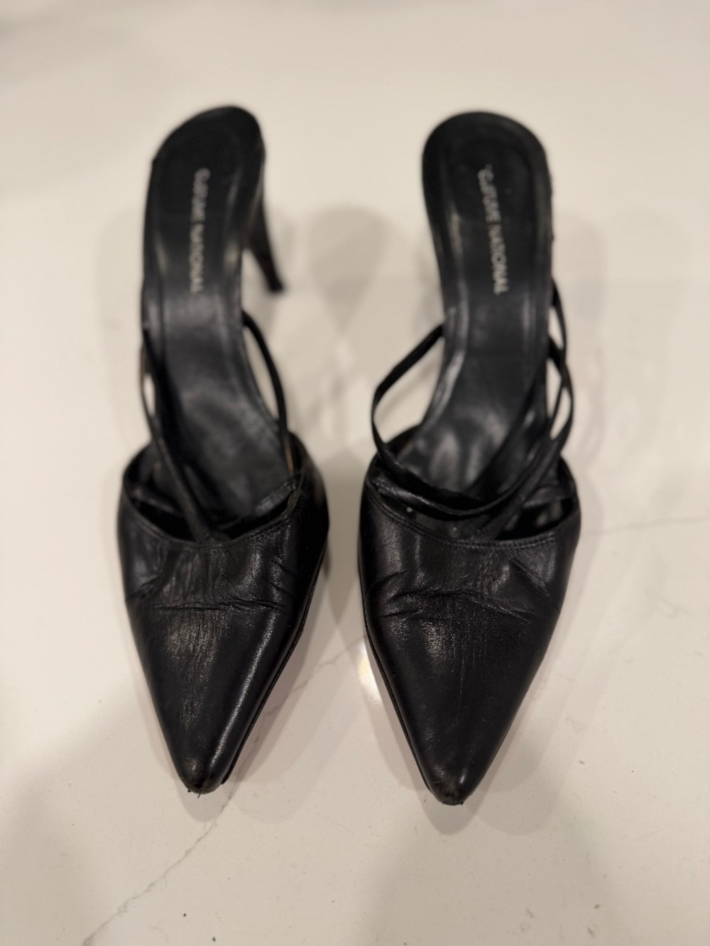 Costume National Black Leather Pointed Toe Strappy Mule Heels Size 9